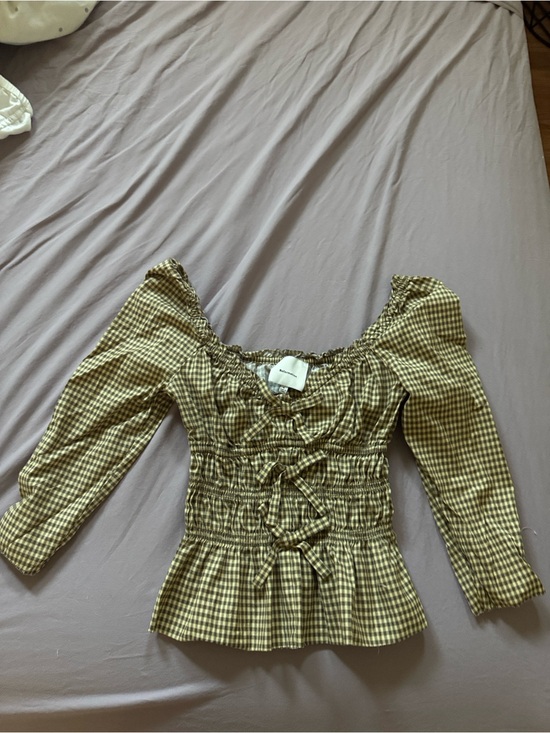 Reformation Tops - Reformation Olive Green Gingham Smocked Peplum Top